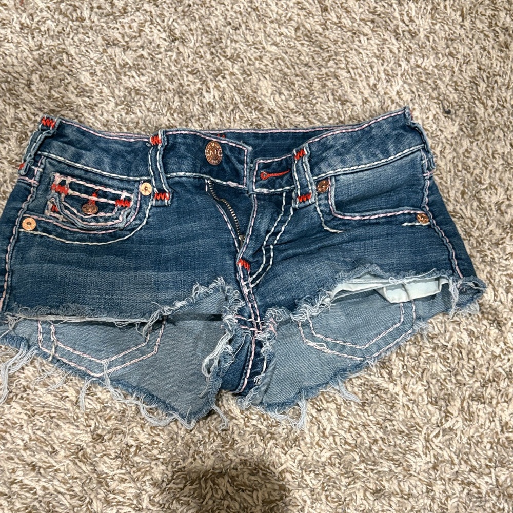 True Religion Blue Denim Shorts with Red Accents - Picture 3 of 5